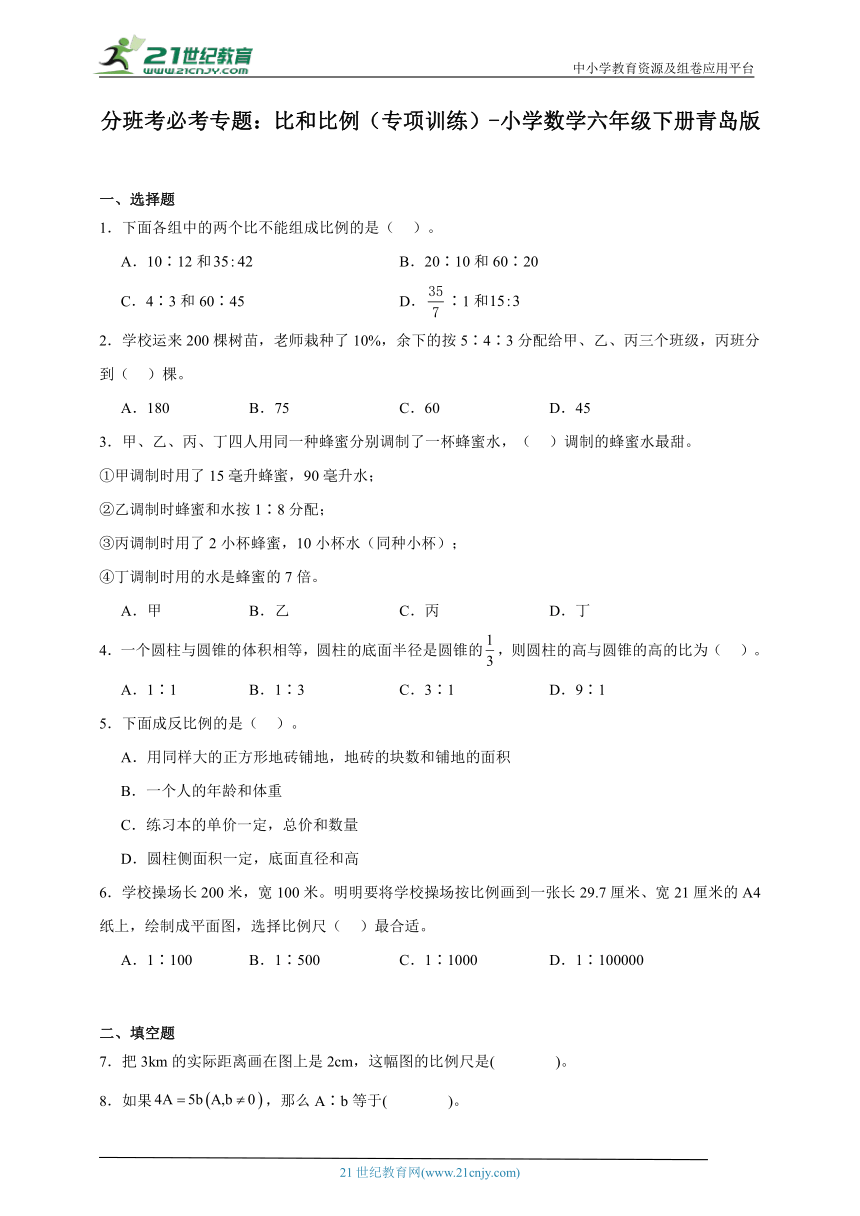 分班考必考专题：比和比例（专项训练）-小学数学六年级下册青岛版（含答案）