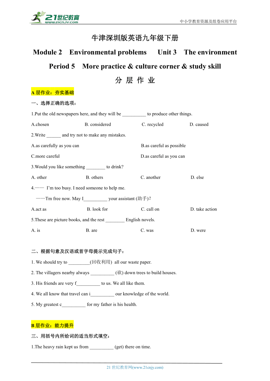 【新课标】Unit 3 The environment Period 5 More practice & culture corner & study skill分层作业