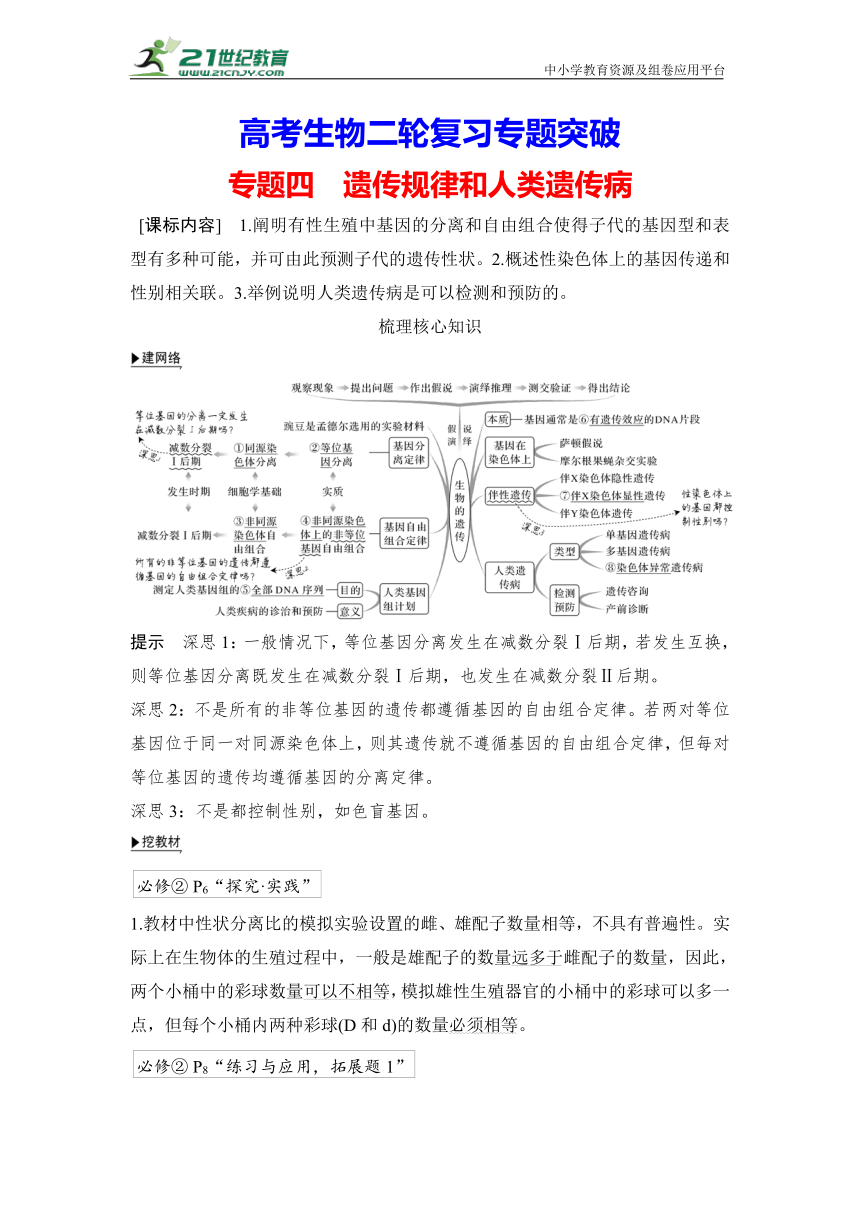 【高考生物二轮复习专题突破学案】专题4 遗传规律和人类遗传病（含答案）