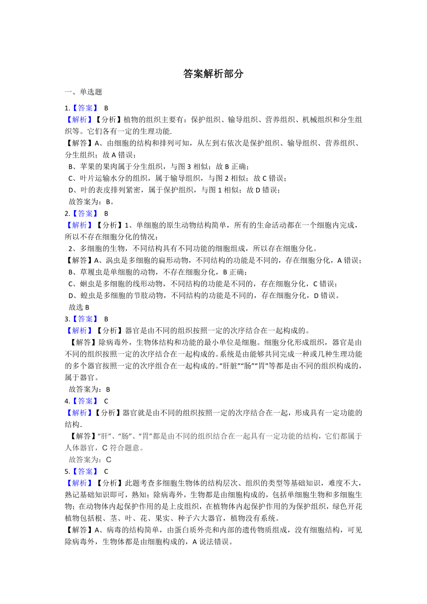 2.3生物体的结构层次 同步练习（含解析）