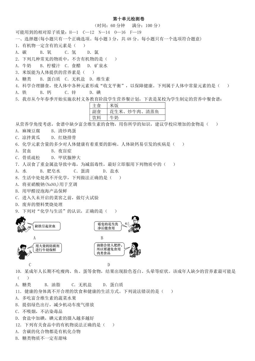 鲁教版九年级化学下册第十单元  化学与健康检测卷(word版含答案)