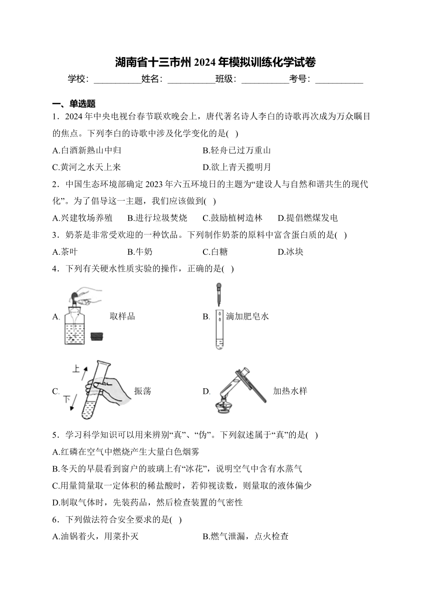 湖南省十三市州2024年模拟训练化学试卷(含解析)