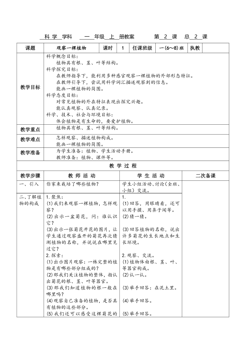 教科版（2017秋）一年级上册1.2《观察一棵植物》教案