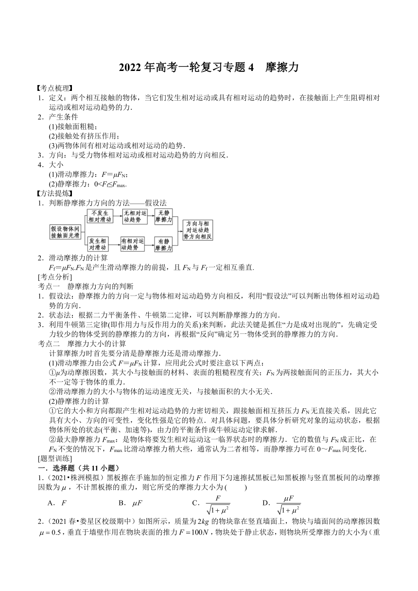 2022届高考物理一轮复习导学案：专题4 摩擦力word版含答案