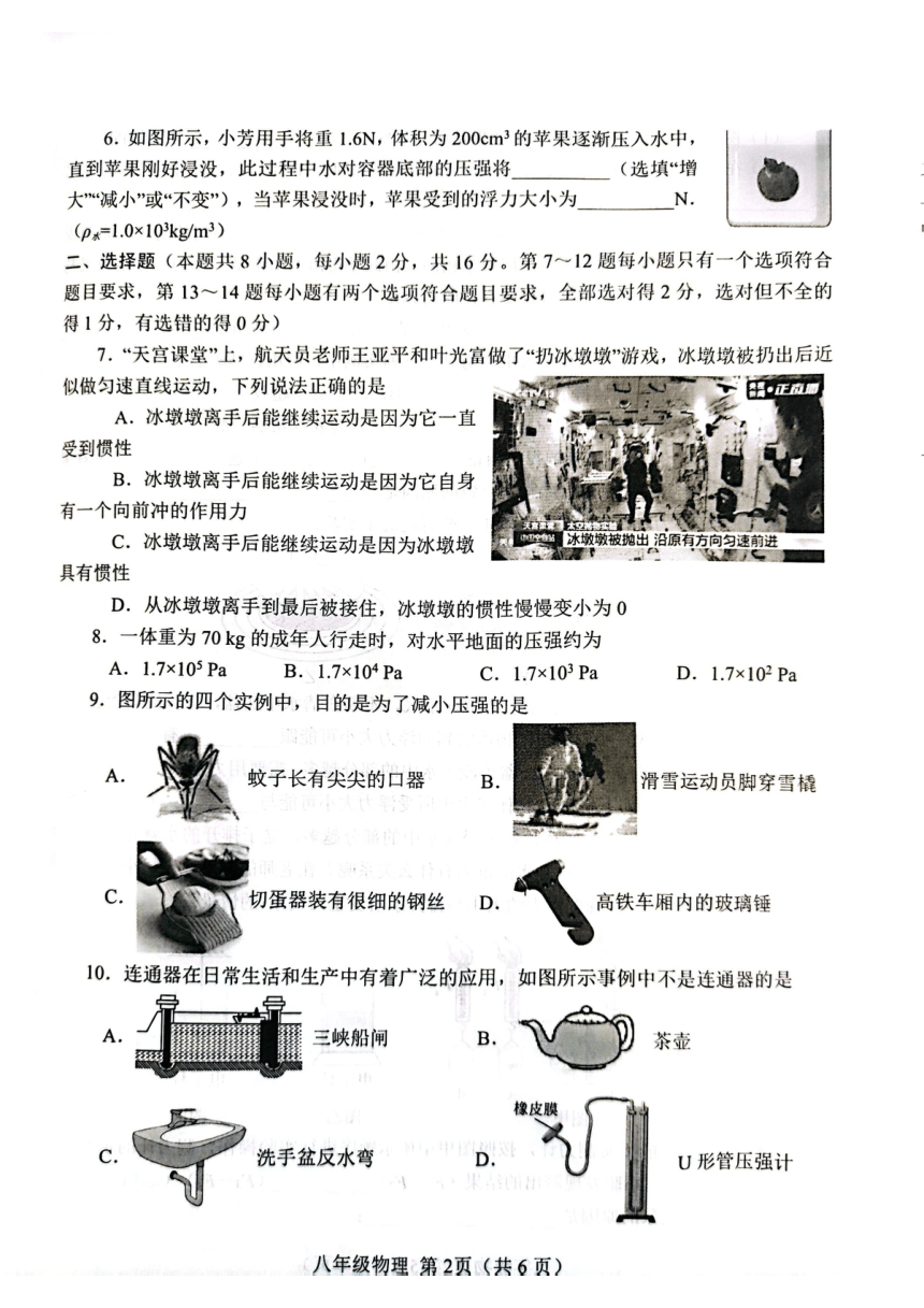 河南省南阳市2023-2024学年八年级下学期4月期中物理试题（pdf版 无答案）
