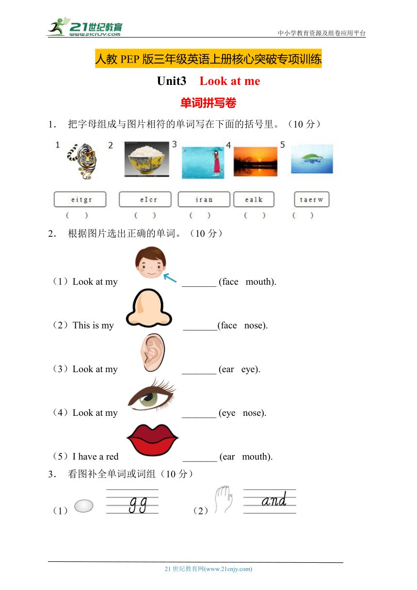 【核心突破】人教PEP版英语三年级上册Unit3专项训练-单词拼写卷（含答案）