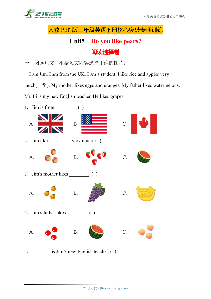 人教PEP版三年级下册Unit5核心突破专项训练-阅读选择卷（含答案）