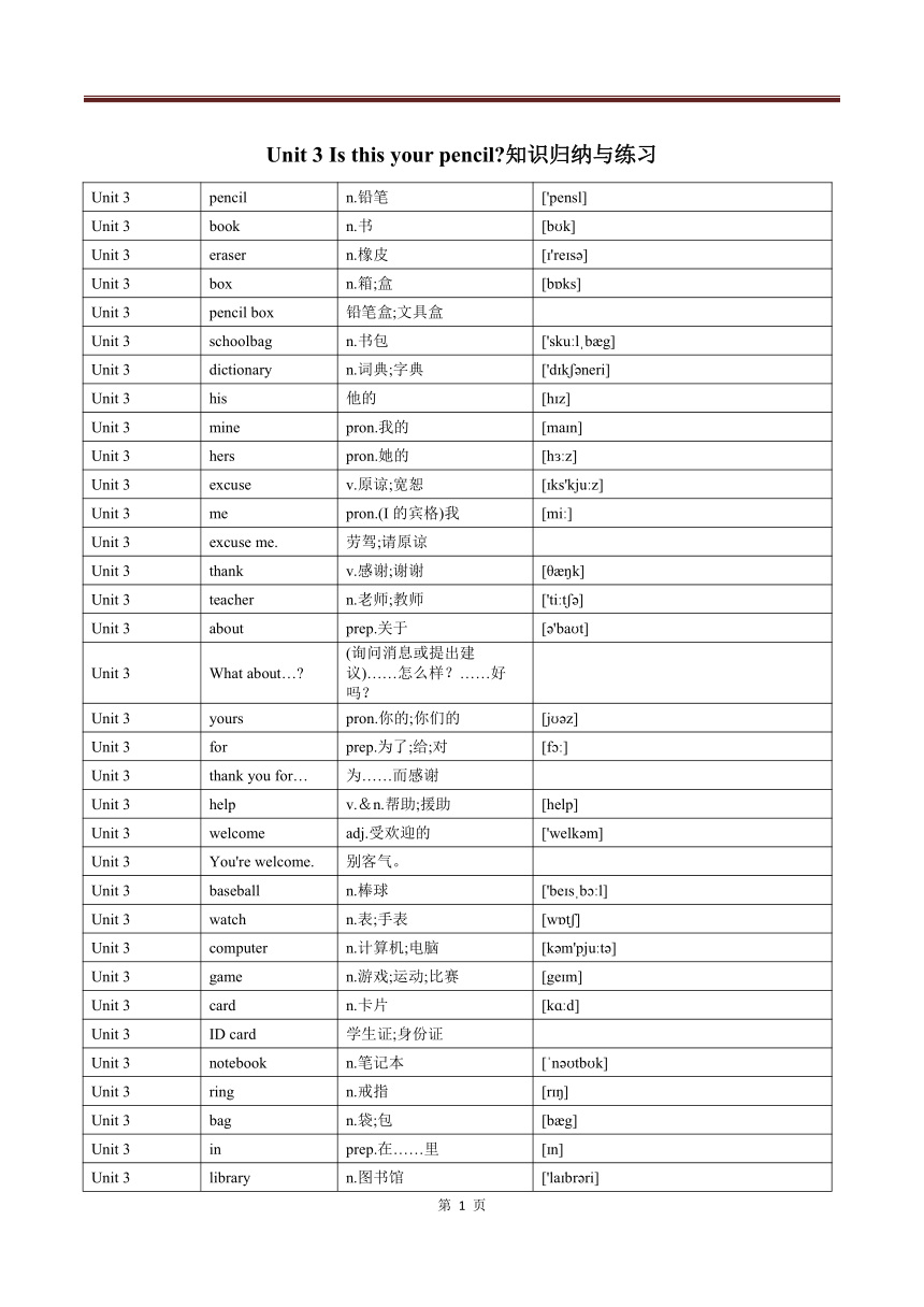 Unit 3 Is this your pencil知识归纳与练习