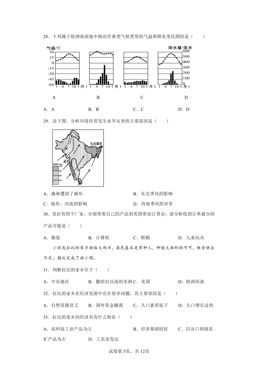 商务星球版2021-2022学年度初中七年级下册地理期末复习卷：第八章不同类型的国家（Word版附答案）