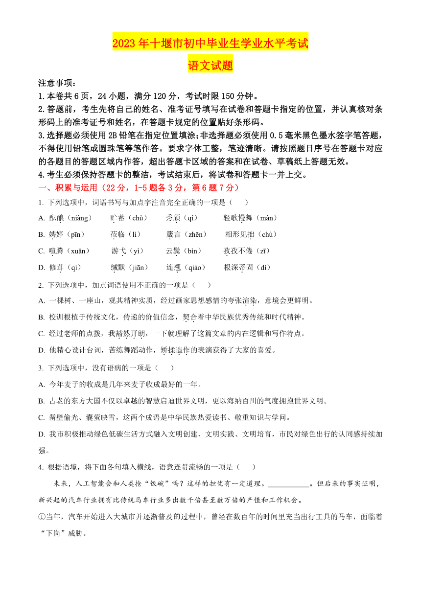 2023年湖北省十堰市中考语文真题名师详解版 试卷