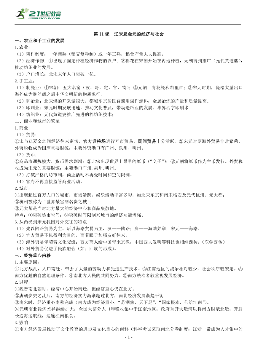 第11课 辽宋夏金元的经济与社会 知识单提纲 —2022高中统编历史一轮复习提纲