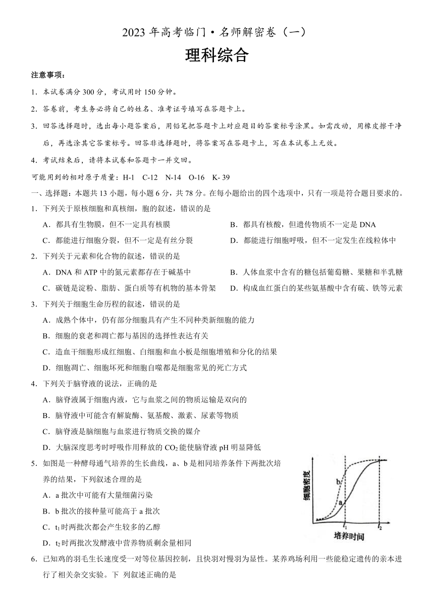 2023届高三下学期5月高考临门名师解密卷（一）理科综合试题（解析版）