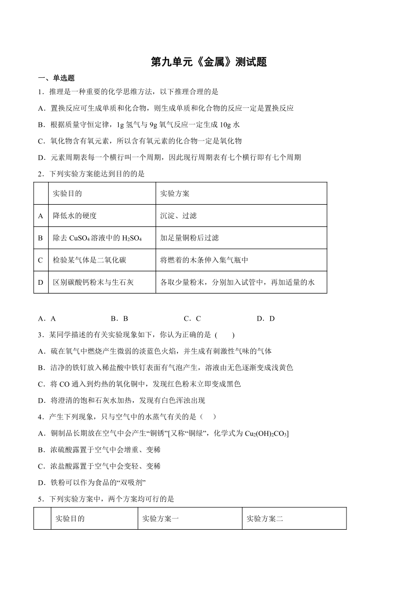 第九单元金属测试题--2022-2023学年九年级化学鲁教版下册（含答案）