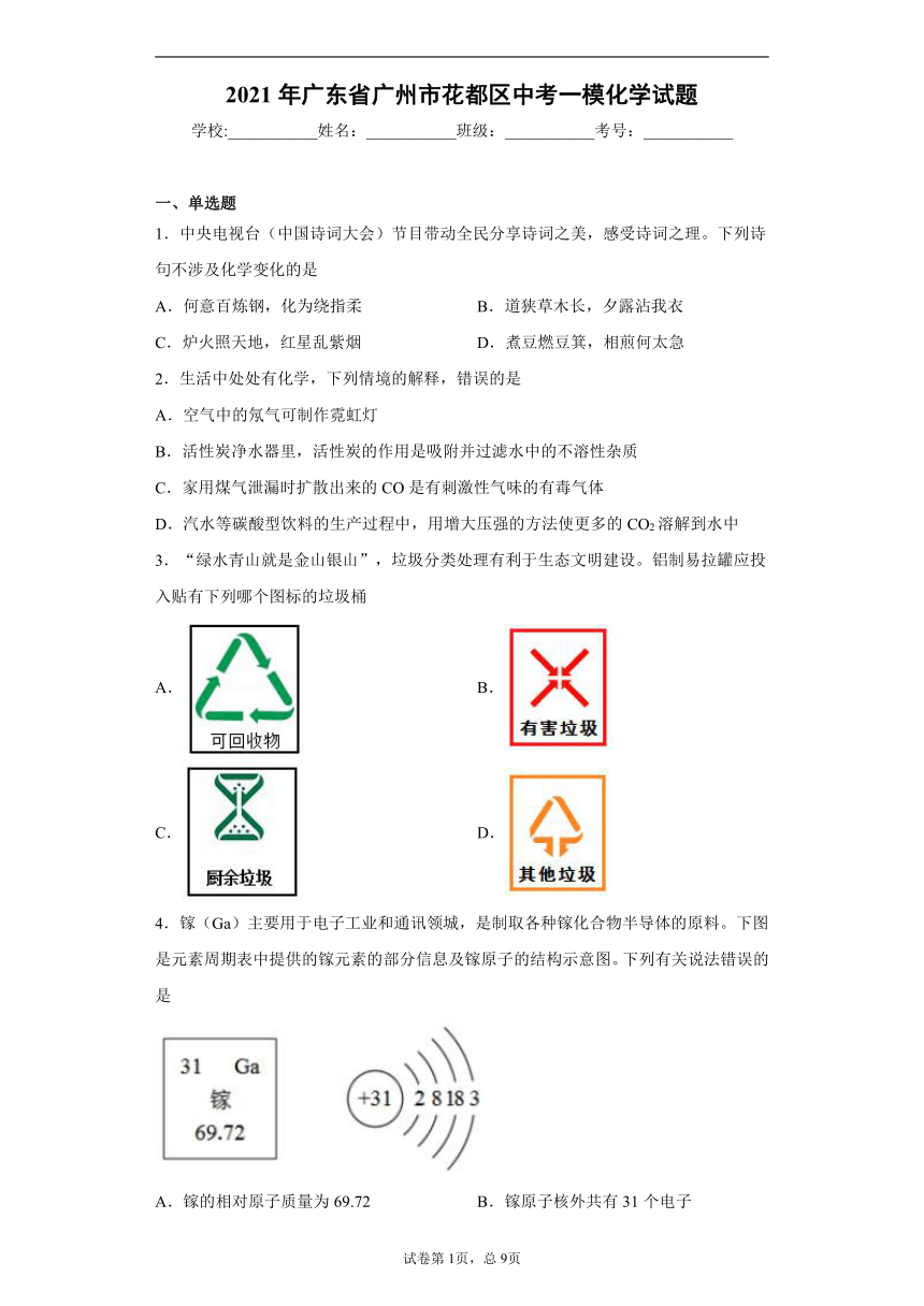 2021年广东省广州市花都区中考一模化学试题（word版 含答案解析）