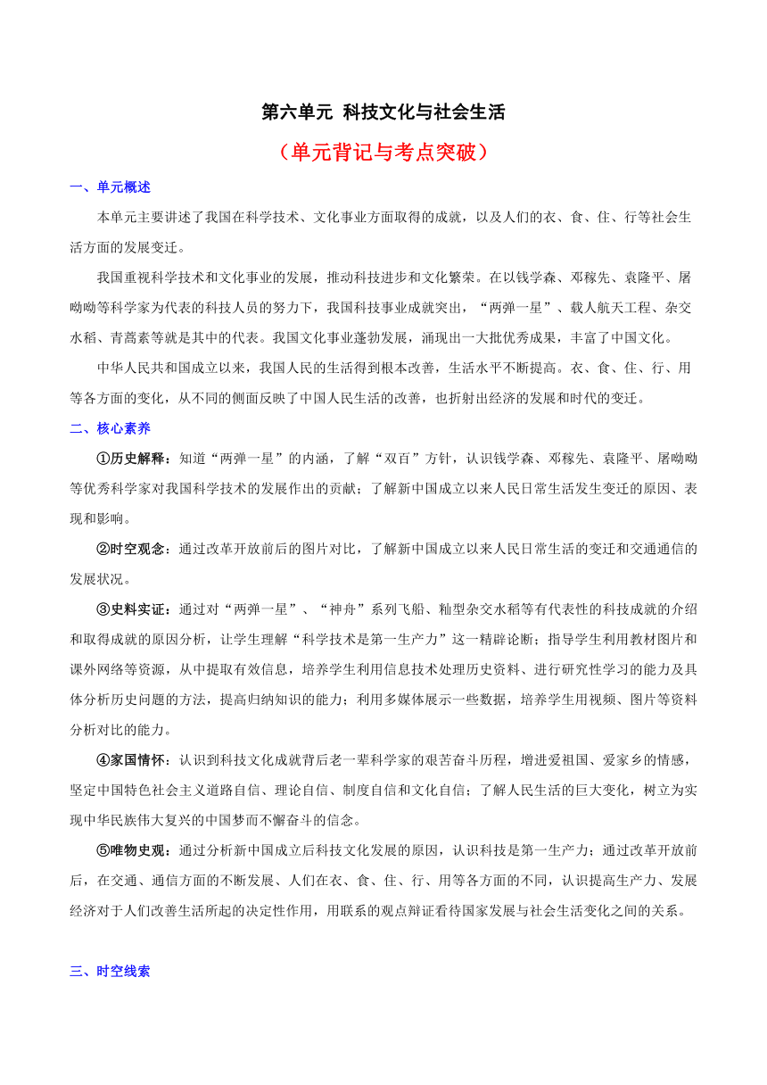 2023-2024学年八年级历史下册（统编版）第六单元 科技文化与社会生活（单元背记与考点突破）含解析