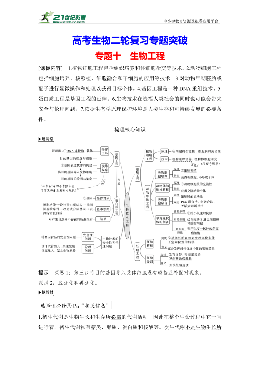 【高考生物二轮复习专题突破学案】专题10 生物工程（含答案）
