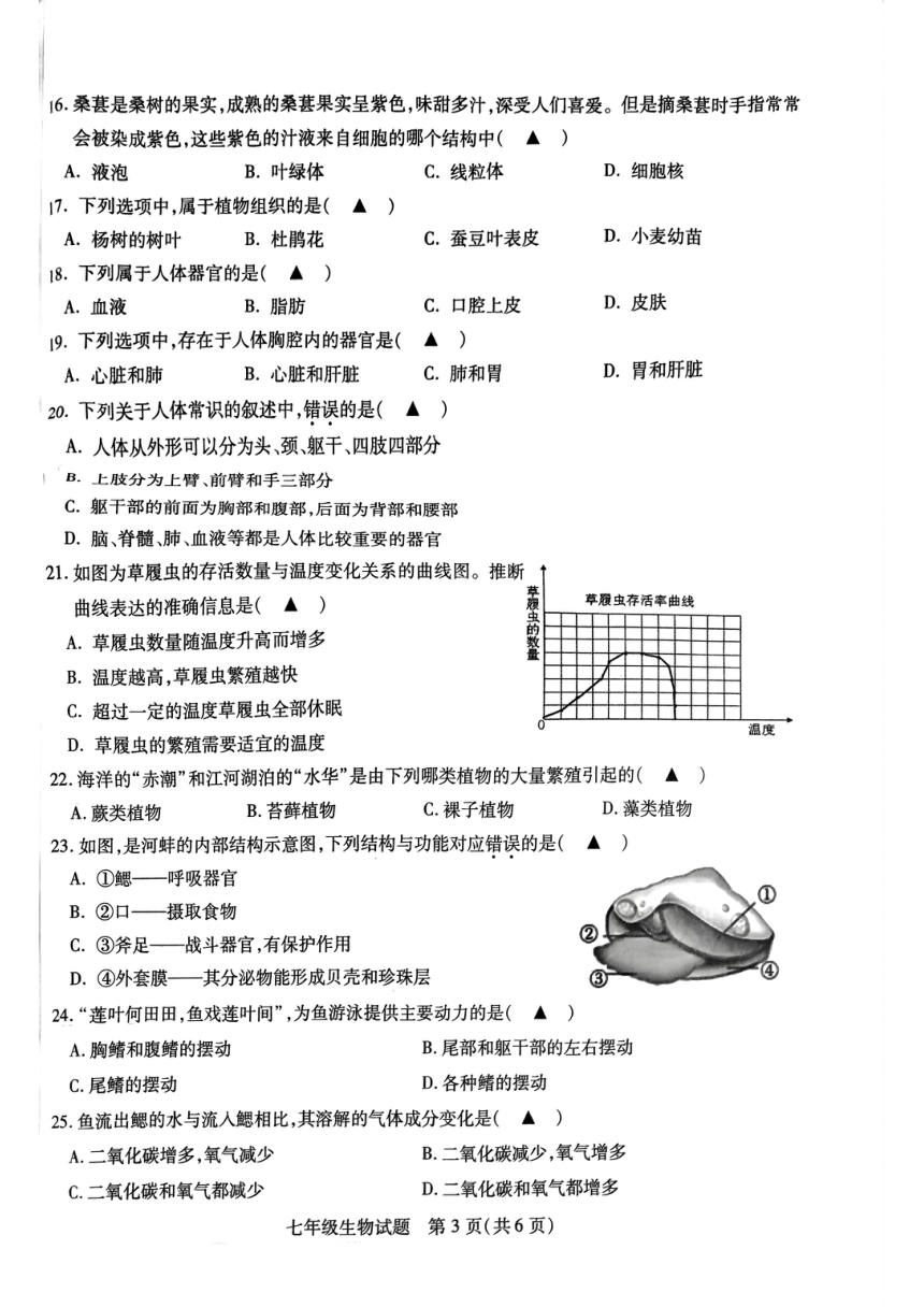 江苏省徐州沛县2022-2023学年七年级下学期生物期中检测试题（无答案）