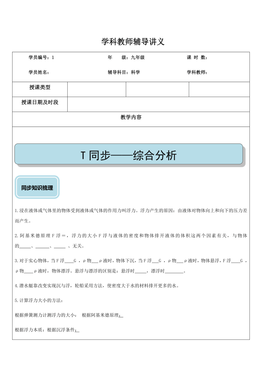 浮力复习（提高）—浙教版八年级科学上册讲义 （机构专用）（含答案）