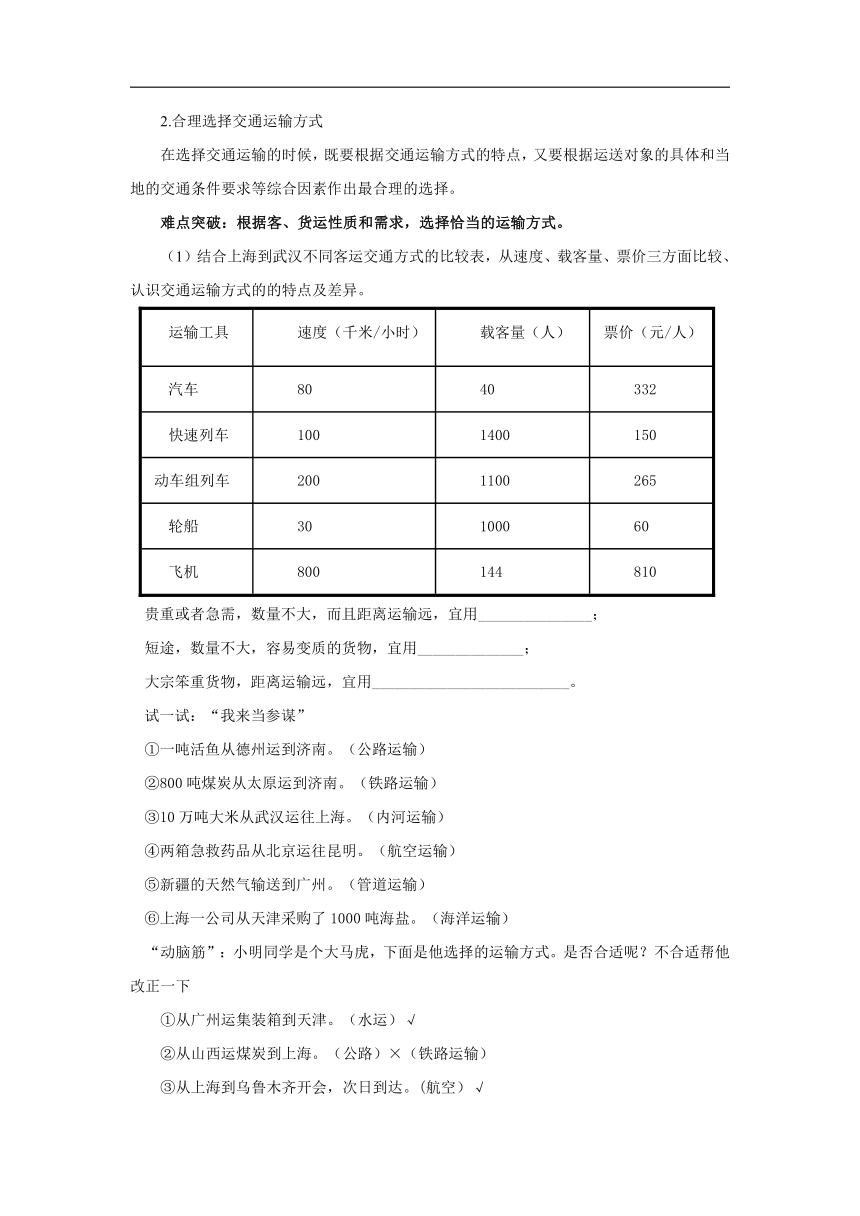 初中地理商务星球版八年级上册4.3合理发展交通运输（第二课时） 同步教案