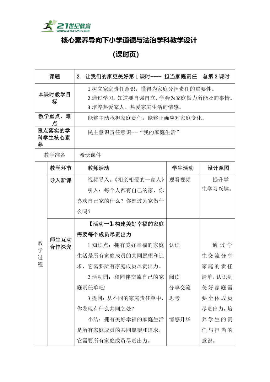 2. 让我们的家更美好第1课时---- 担当家庭责任  教案