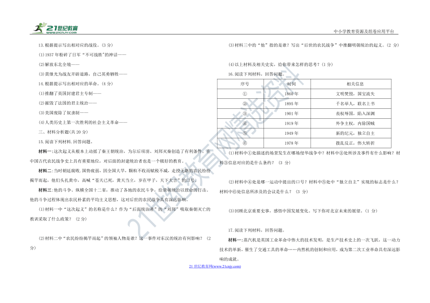 2023年吉林省中考压轴题  历史试卷（二）（含答案）