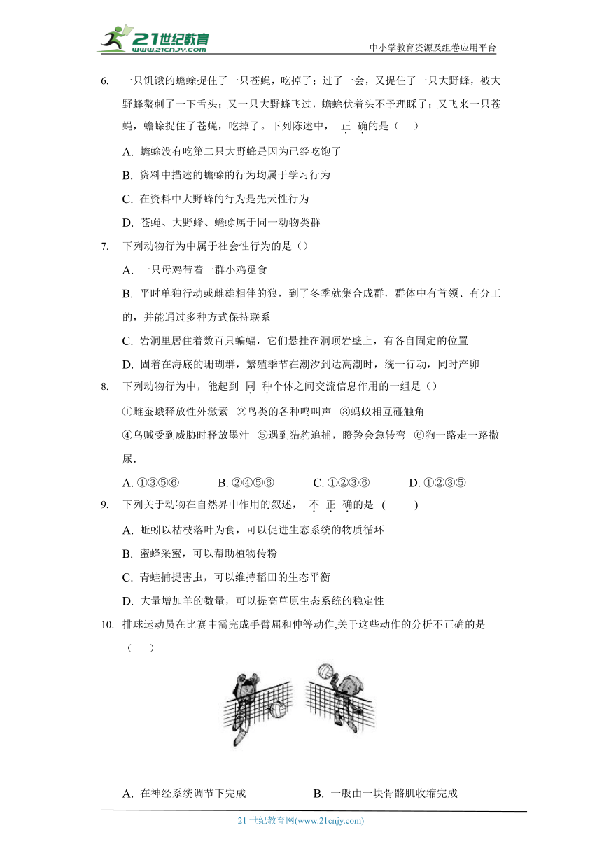 苏教版初中生物八年级上册17.2动物的运动依赖于一定的结构  同步练习（含答案解析）