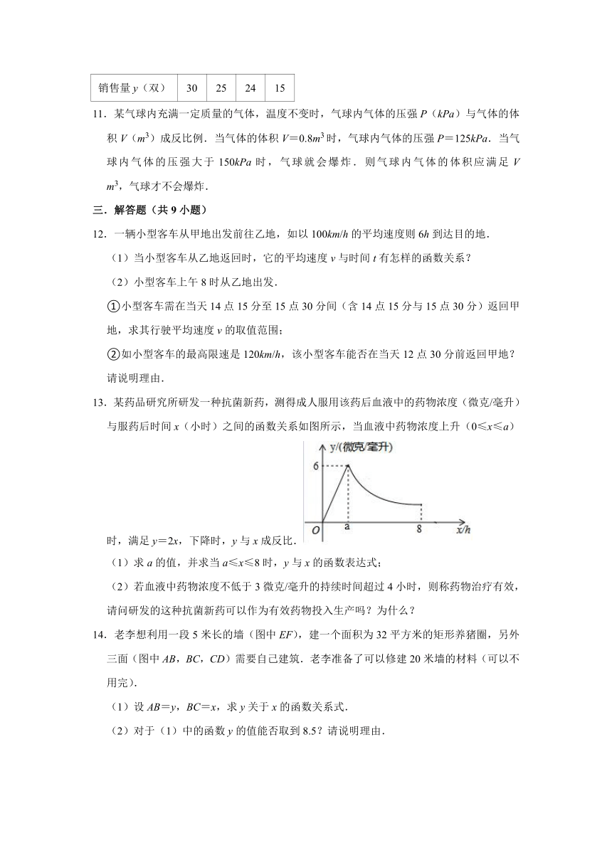 2020-2021学年北师大版数学九 年级上册《6.3 反比例函数的应用》课时同步练习（word版含答案）