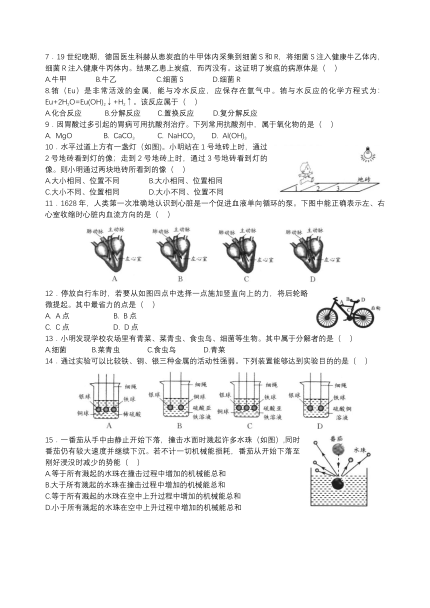 浙江省2021年初中学业水平考试（温州市）科学试题卷（word版 含图片答案）