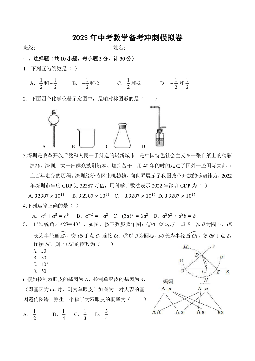 2023年广东省深圳市中考数学备考冲刺模拟卷（无答案）