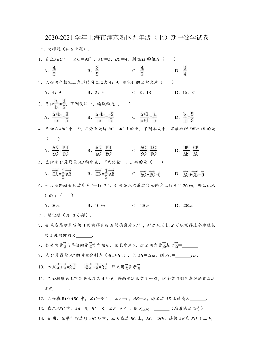 2020-2021学年上海市浦东新区九年级上学期期中数学试卷 （Word版 含解析）