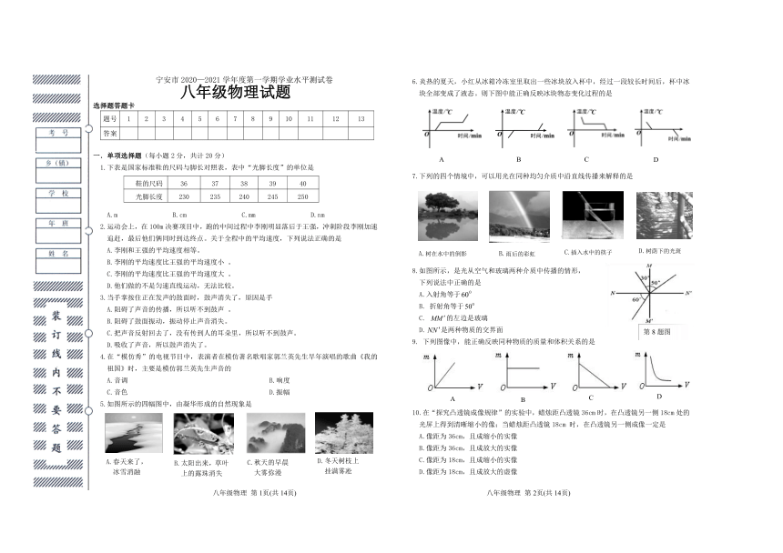 黑龙江省宁安市2020-2021学年八年级上学期期末考试物理试题word版含答案