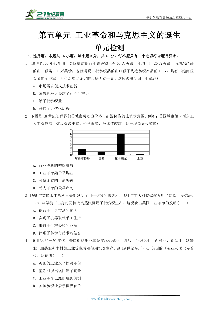 【单元检测】纲要（下）第五单元 工业革命和马克思主义的诞生（含解析）