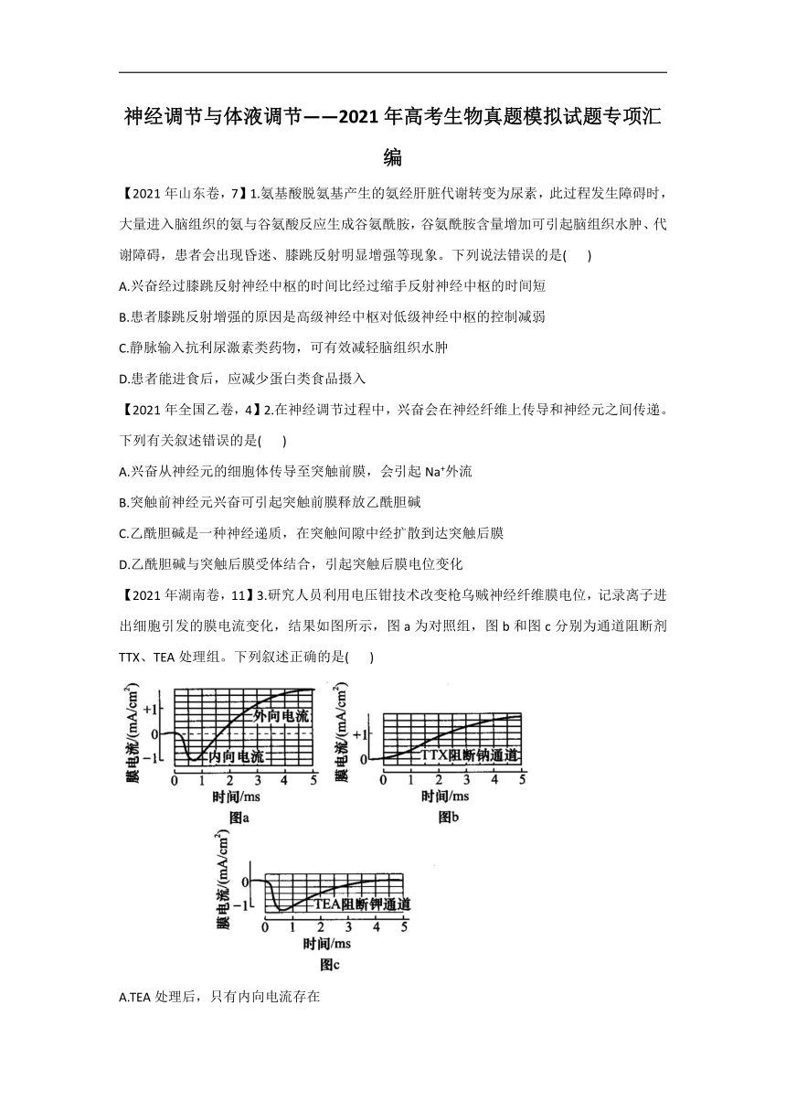 2021年高考生物真题模拟试题专项汇编神经调节与体液调节（word版+答案）