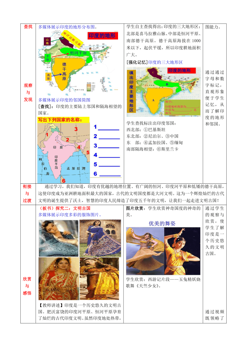 商务星球版七年级地理下册 第八章 第三节 印度  教案(表格式）
