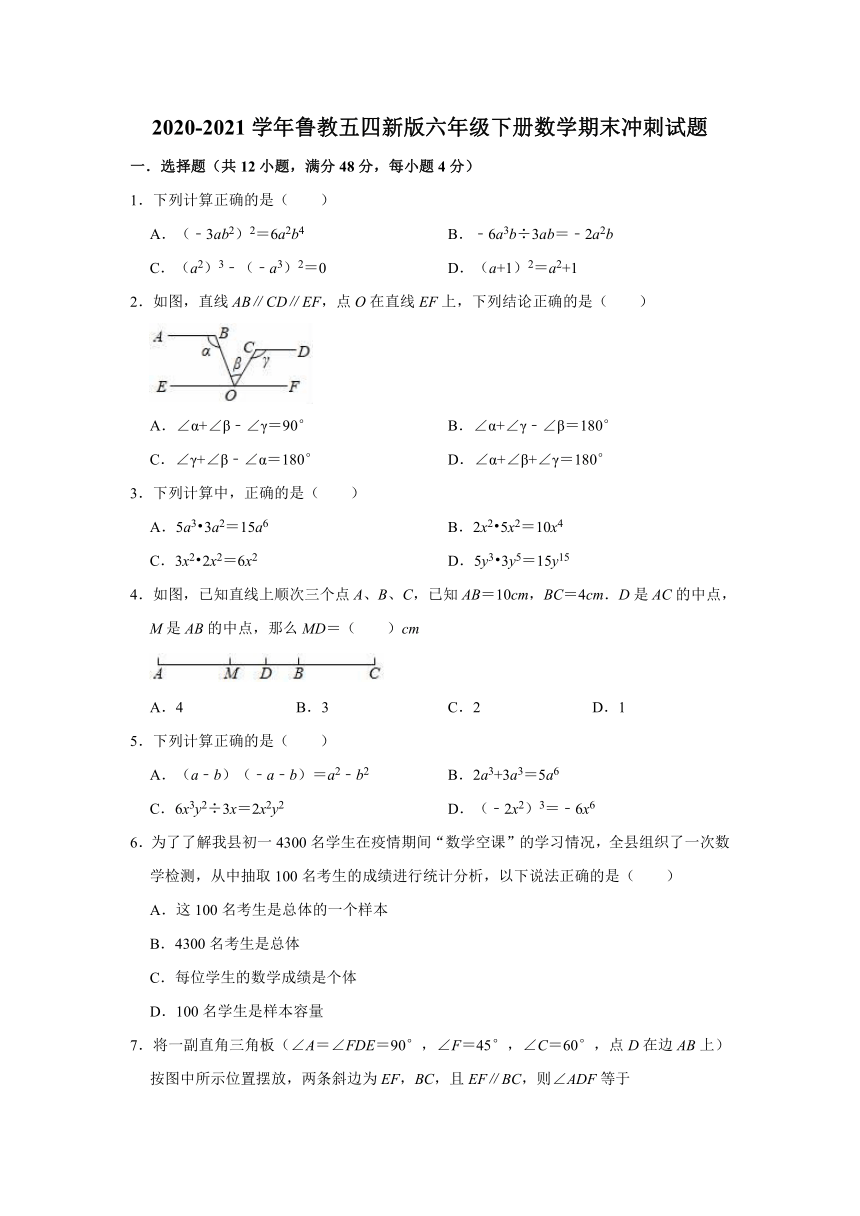 2020-2021学年鲁教五四新版六年级下册数学期末冲刺试题（word解析版）