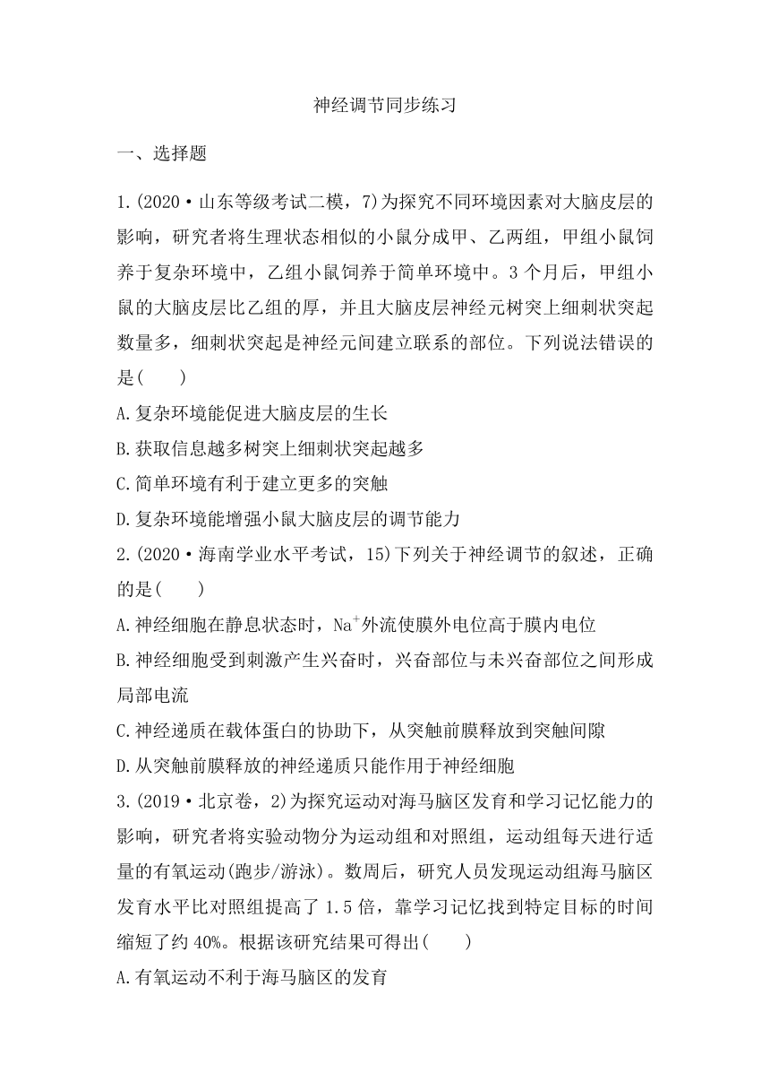 2022届高三生物一轮复习同步练习：神经调节           Word版含答案