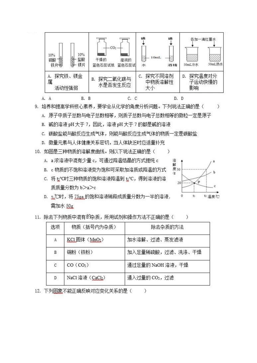 2021年安徽省中考化学模拟试题(三)(图片版,无答案)