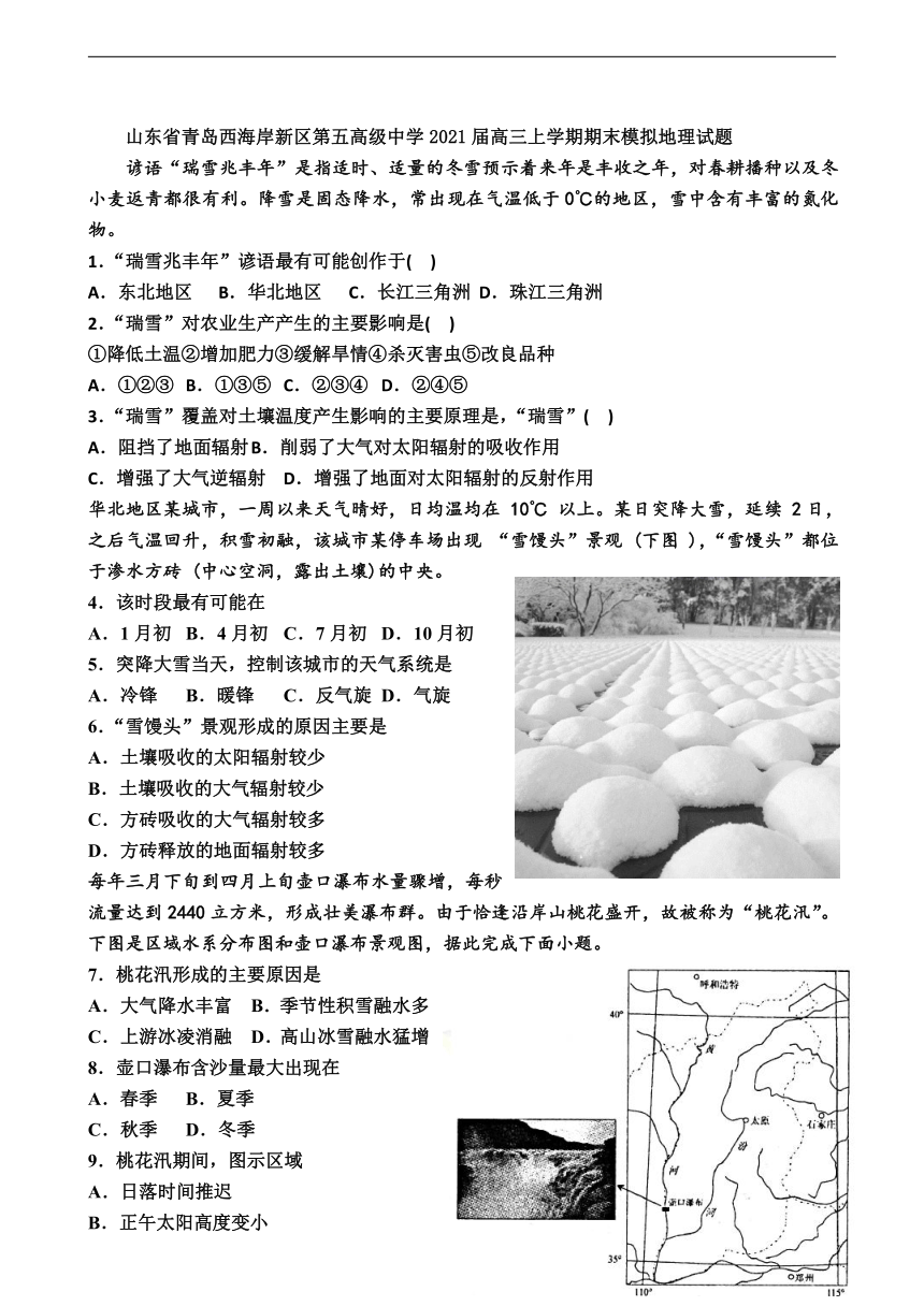 山东省青岛西海岸新区第五高级中学2021届高三上学期期末模拟地理试题  Word版含答案