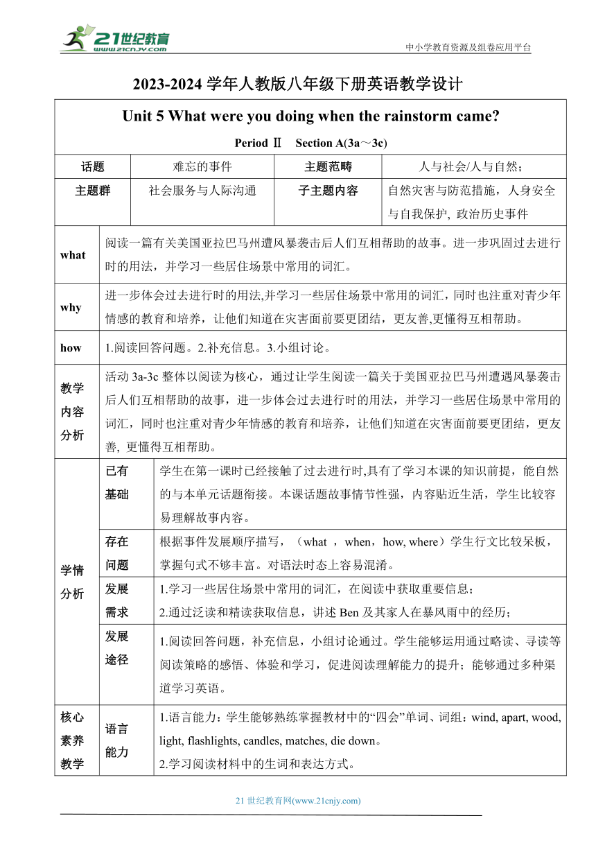 【新课标】Unit 5 What were you doing when the rainstorm came? Section A(3a～3c)教学设计2023-2024人教版英语八年级下册