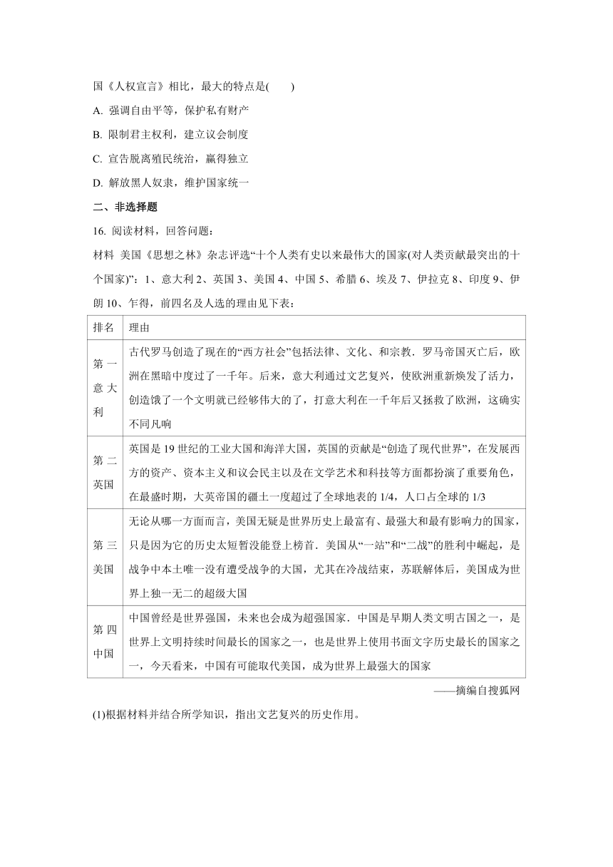 2020-2021学年人教版八年级历史与社会下册 第六单元  第三课  资产阶级革命：新体制的创立 同步练习