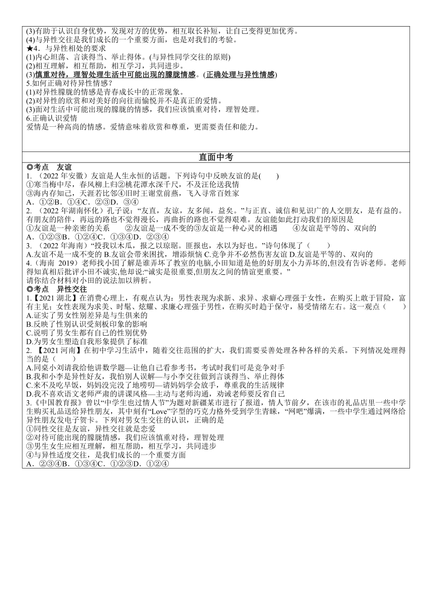 专题二理解交往 建立友谊  表格式教案-2023年中考道德与法治一轮复习