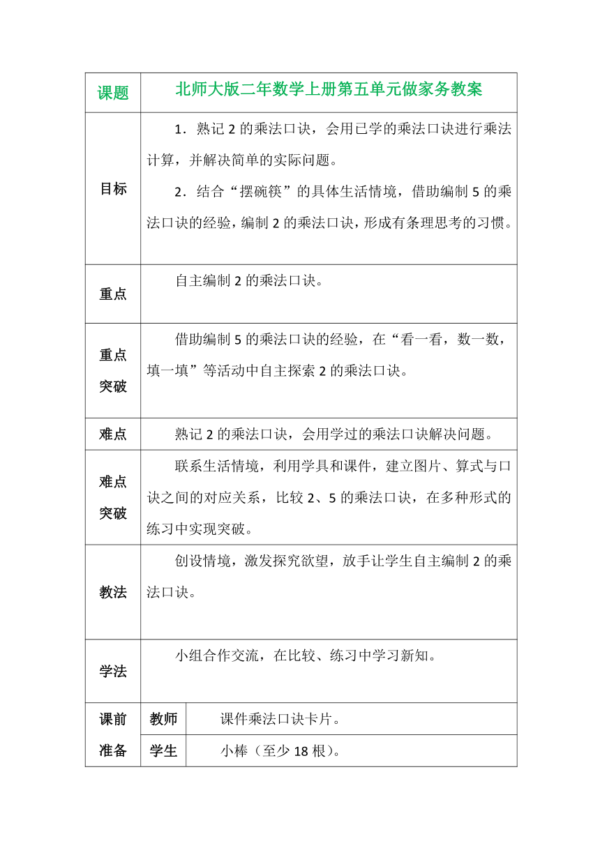 北师大版二年数学上册第五单元做家务表格式教案