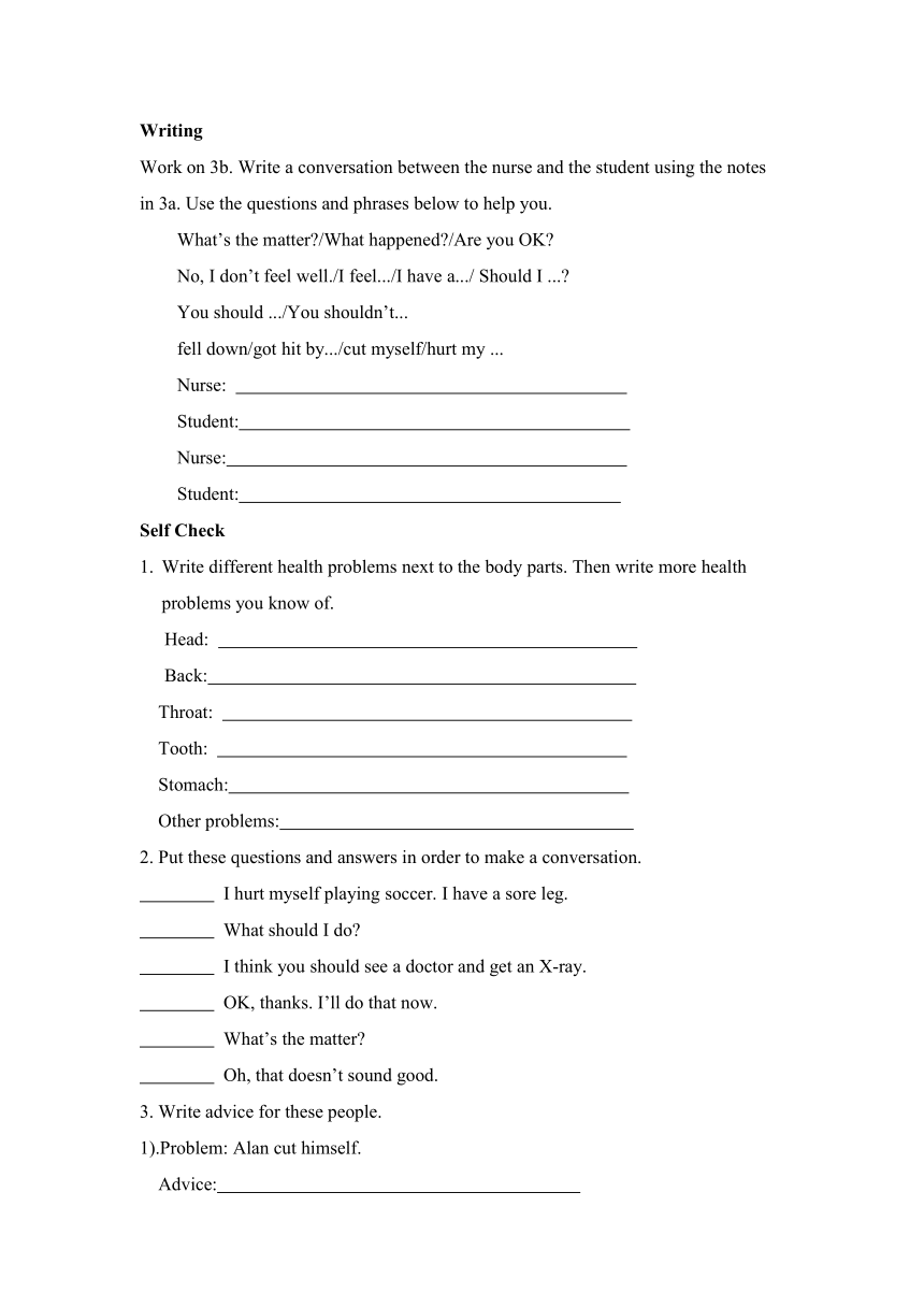 人教版八年级下册Unit 1 What's the matter? Section B 3 (3a-Self Check) 导学案（含答案）