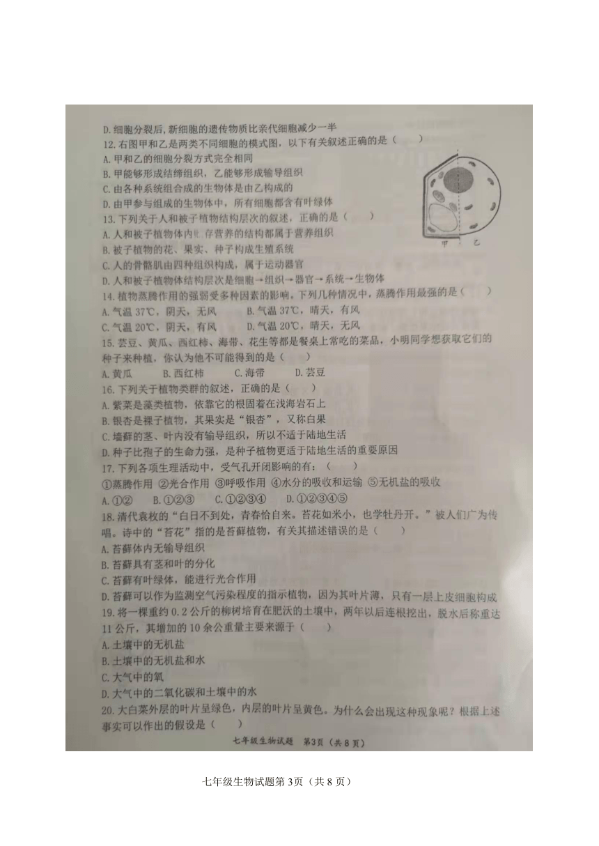 2021-2022学年第一学期期中学业检测七年级生物试题（图片版含答案）