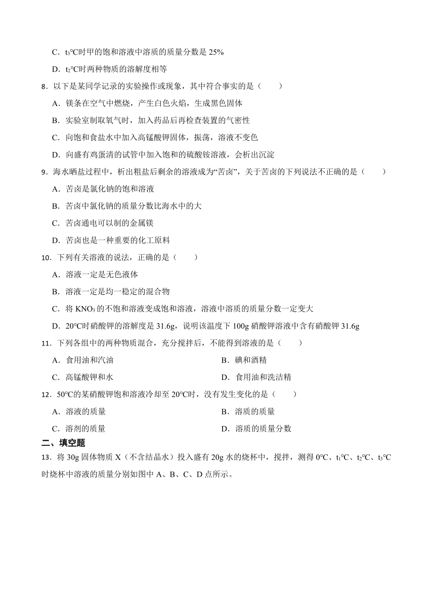 6.2 溶液组成的表示 同步练习 （含答案）2022-2023学年沪教版（全国）九年级下册化学