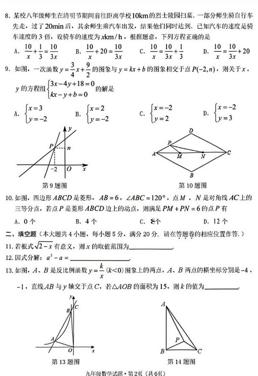 2024年福建省莆田市秀屿区初中数学中考模拟测试题（图片版无答案·）