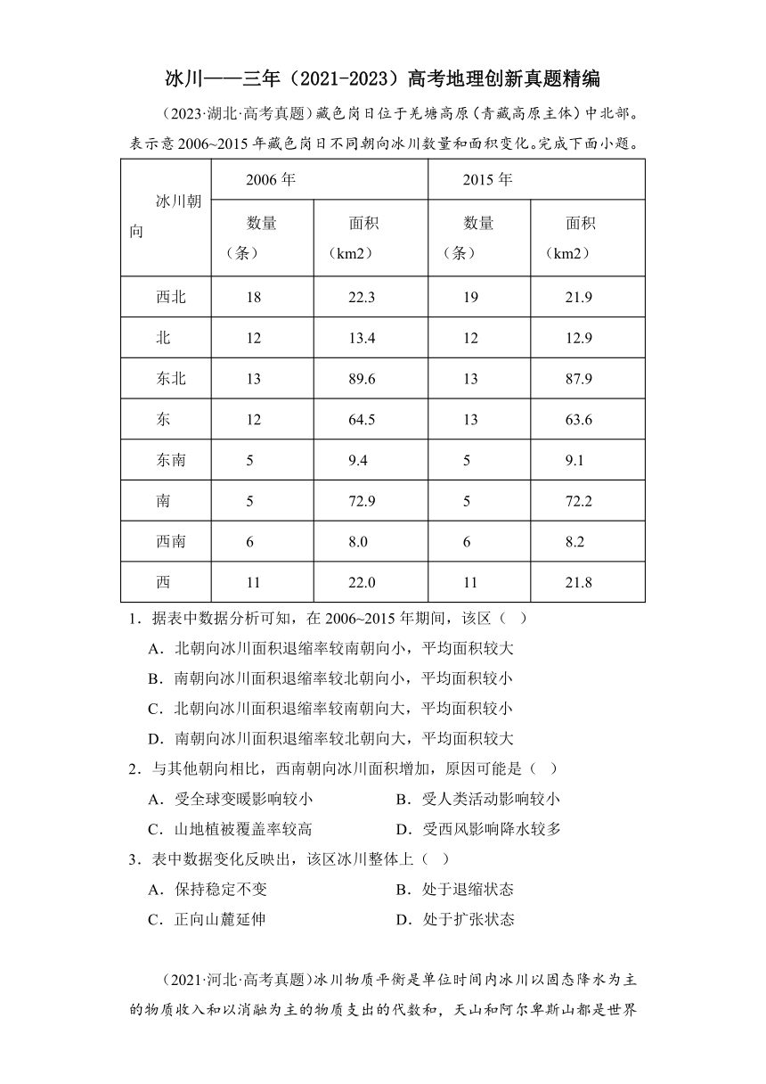 冰川——三年（2021-2023）高考地理创新真题精编（含解析）