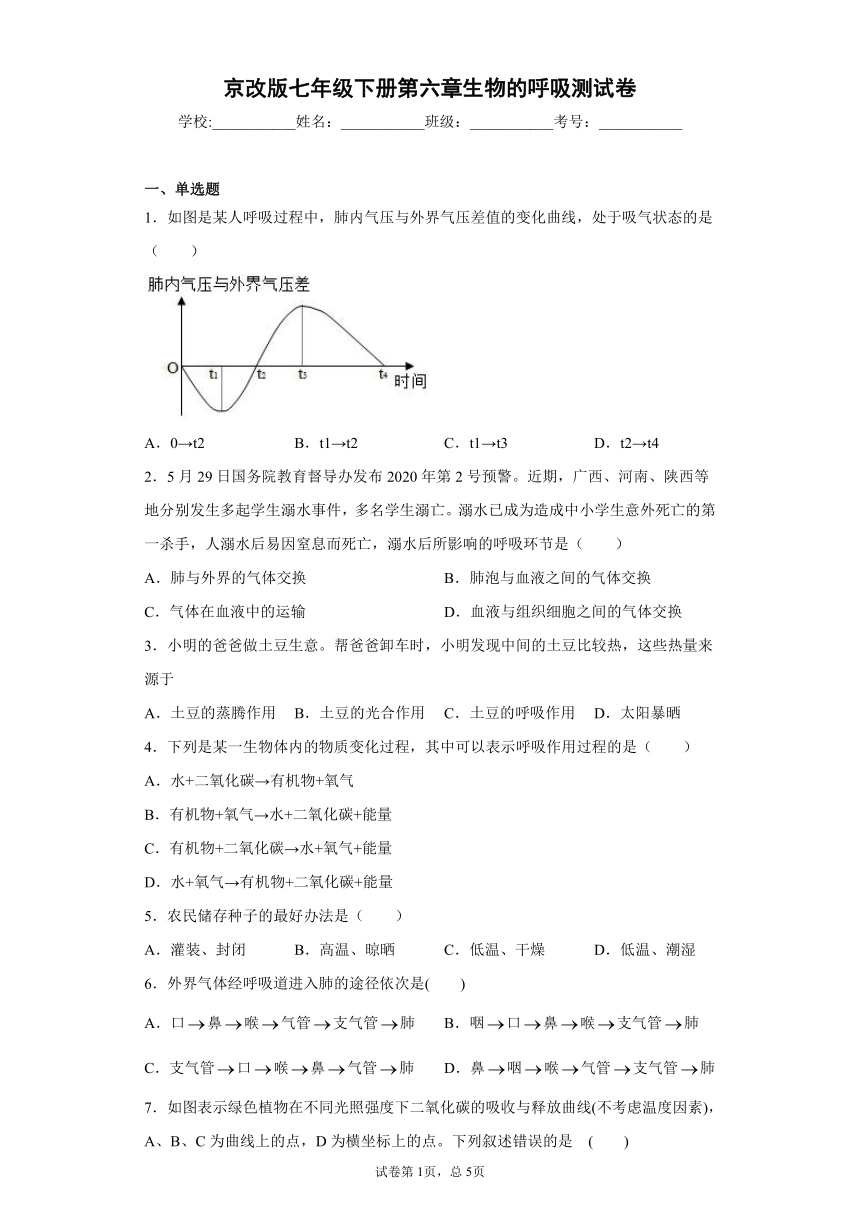 2020-2021学年北京版七年级下册第六章生物的呼吸测试卷（Word版 含答案）