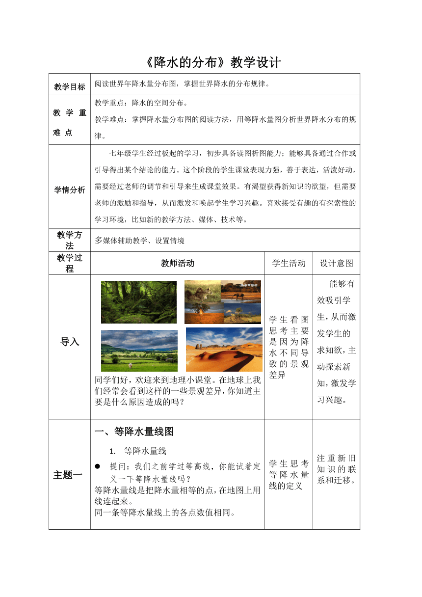 3.3降水的变化与分布 第二课时 降水的分布 教学设计（表格式）2023-2024学年七年级地理上册人教版