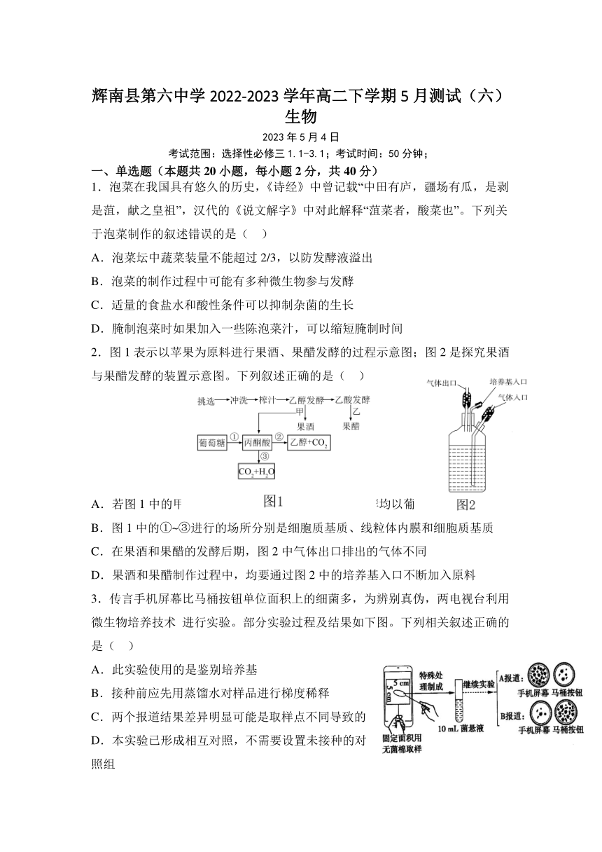 吉林省辉南县第六中学2022-2023学年高二下学期5月测试（六）生物学试卷（Word版含答案）